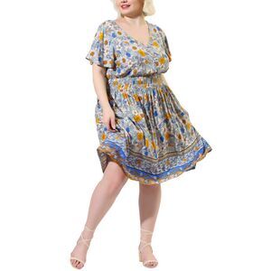Plus Size Midi Dresses Placed Pattern Bohemian Smock Waist V Neck Summer Beige
